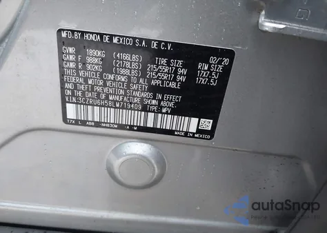 2020 Honda Hr-V Awd Ex из США, поврежденный, VIN 3CZRU6H58LM719409